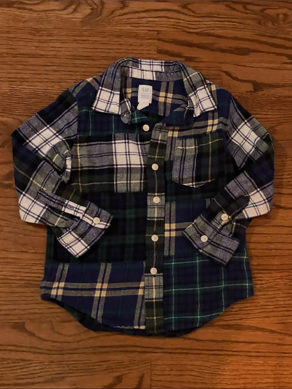 GAP Boys Navy, Green & White Plaid Button-Down Shirt